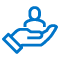 blue icon of a hand holding a miniature human statue