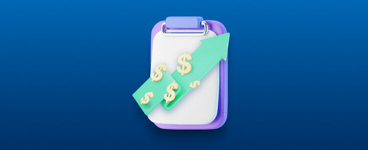 clipboard dollar signs increasing arrow