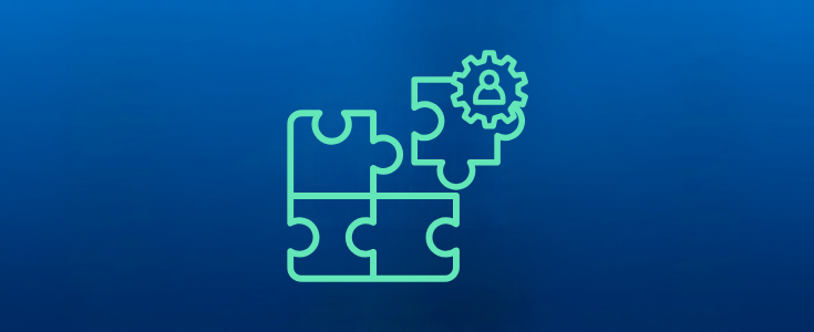 Illustration of puzzle pieces with a worker sliding into place