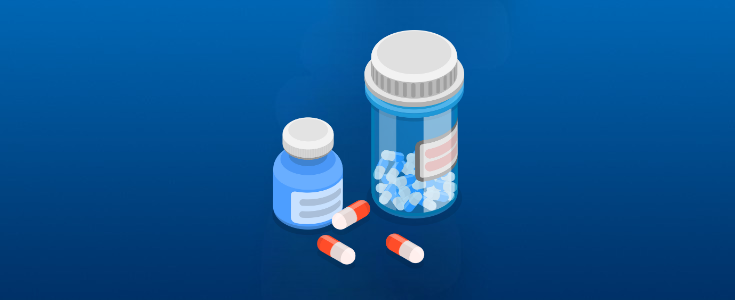 Graphic of prescription medication and three orange and white pills
