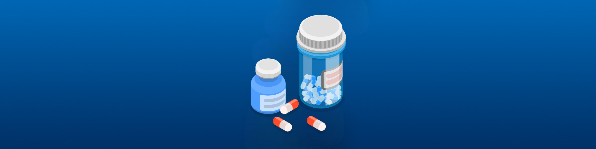 Graphic of prescription medication and three orange and white pills