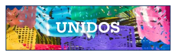 multicolor background with unidos written in the foreground