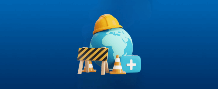 3D illustration of a globe wearing a construction helmet with safety barriers, cones, and a medical kit, representing Occupational Health services and workplace safety.