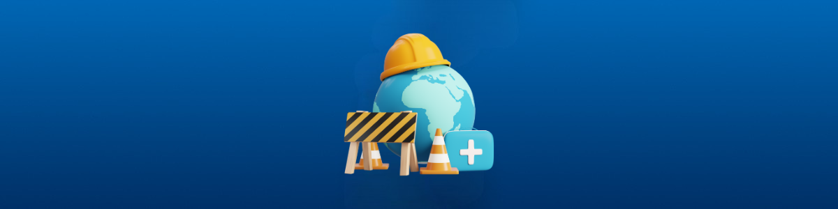 3D illustration of a globe wearing a construction helmet with safety barriers, cones, and a medical kit, representing Occupational Health services and workplace safety.