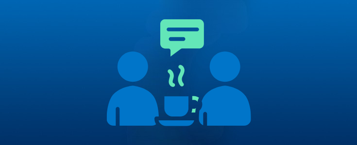 Future of care teams interview illustration featuring two healthcare professionals having a coffee chat with speech bubble, representing collaboration and insights into evolving care delivery.