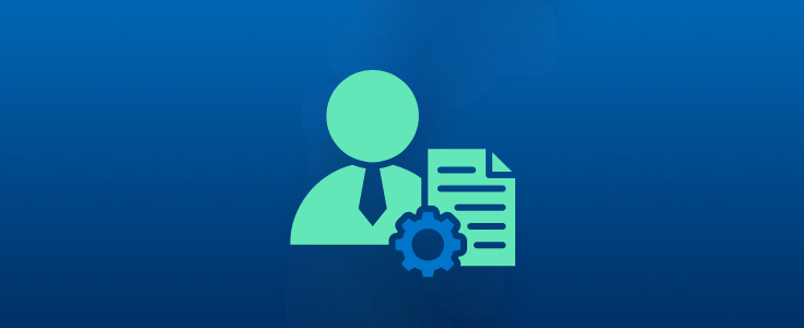 Project management in healthcare concept illustration showing a professional figure beside a document and gear icon, representing coordination, planning, and operational efficiency in healthcare projects.