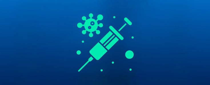 Illustration of a syringe and flu virus particles