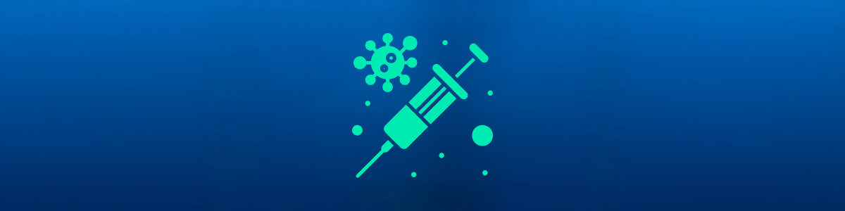 Illustration of a syringe and flu virus particles